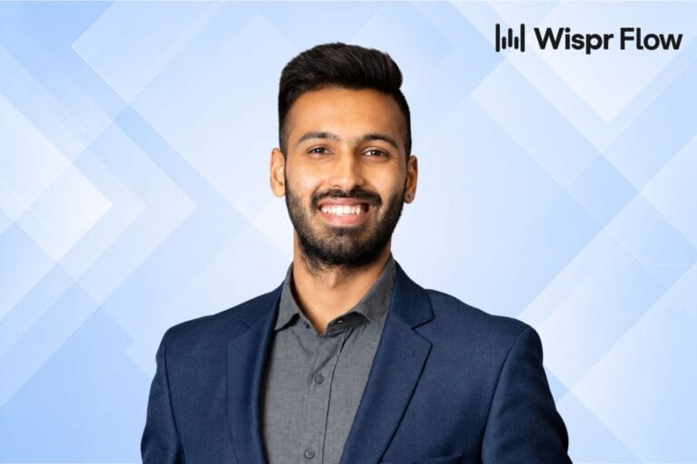 Rohan Kochhar image and wispr flow logo with geometric blue background