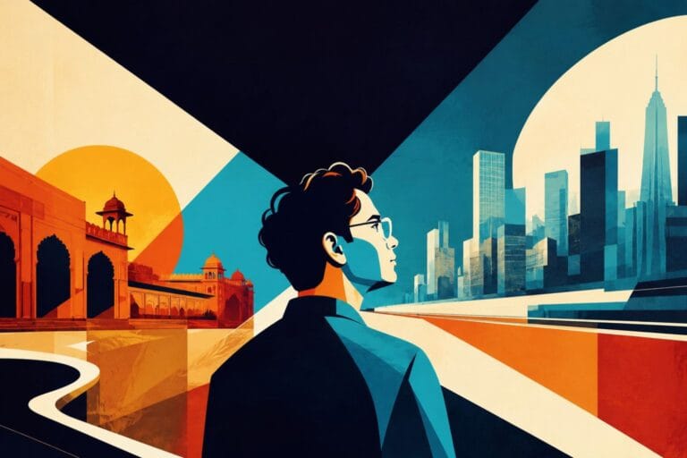 Abstract geometric illustration of an Indian AI professional looking toward a futuristic global skyline, symbolizing India’s AI talent moving overseas.