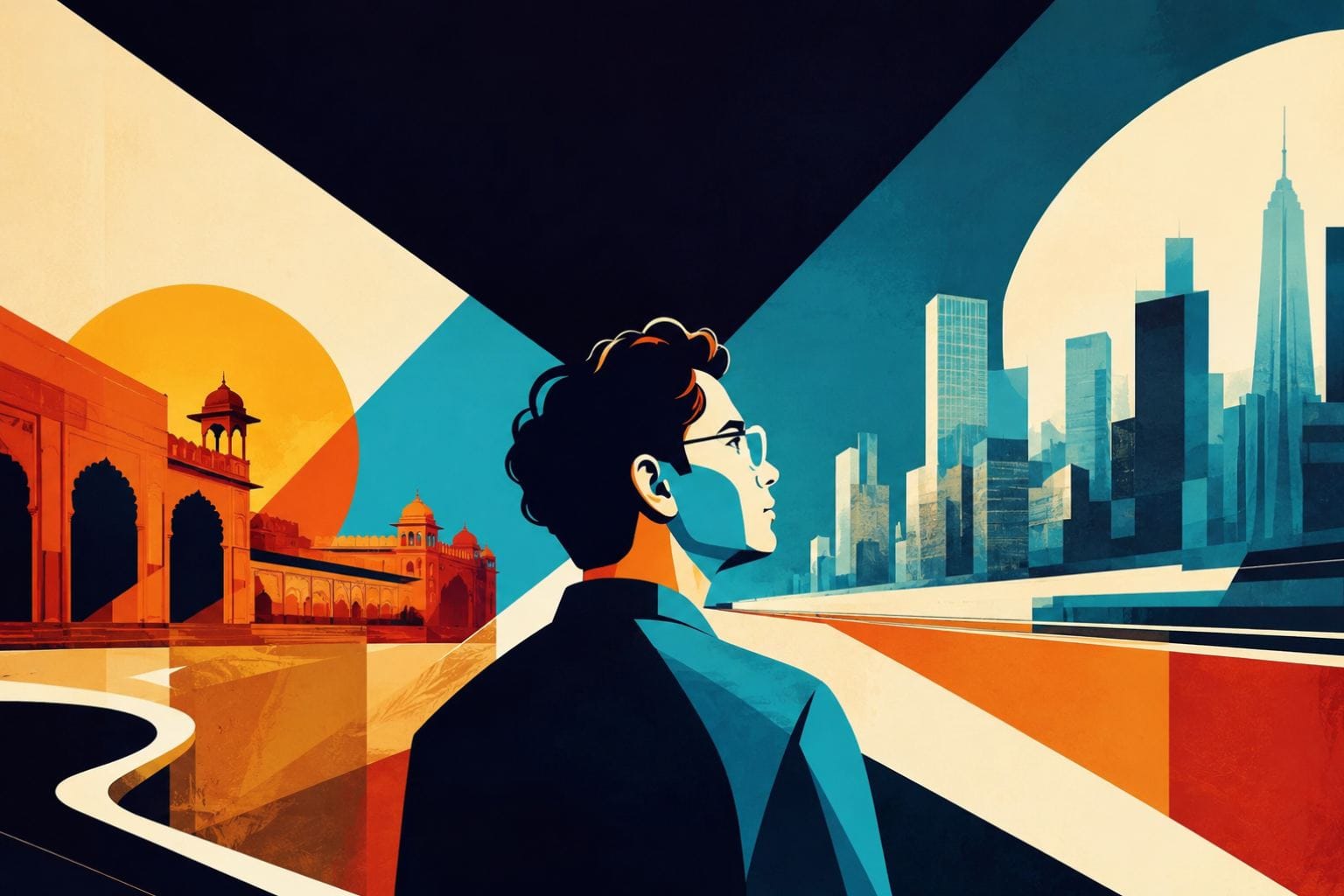 Abstract geometric illustration of an Indian AI professional looking toward a futuristic global skyline, symbolizing India’s AI talent moving overseas.