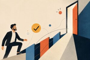 An editorial illustration of a man moving towards a door.