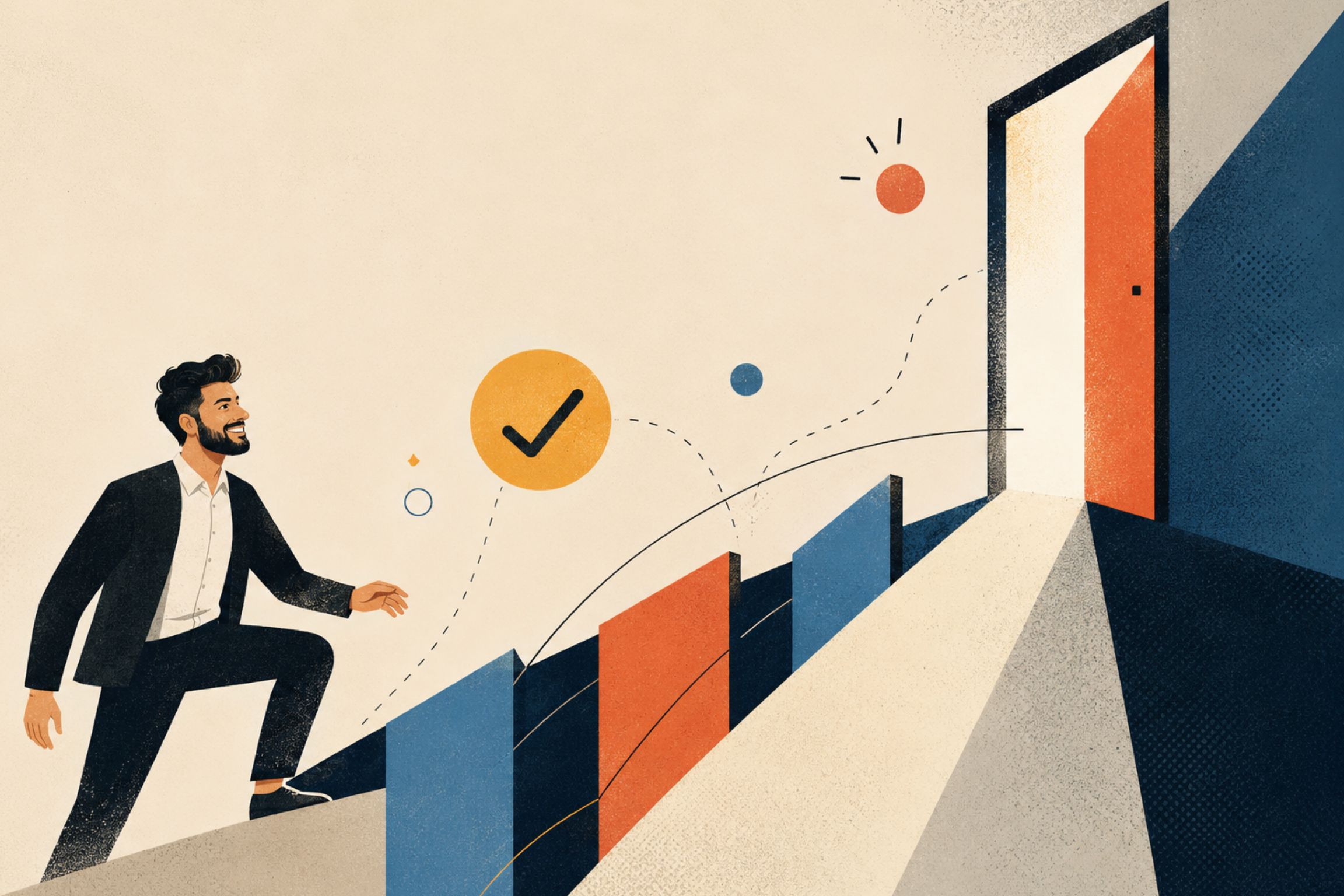 An editorial illustration of a man moving towards a door.