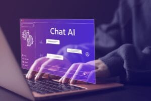 AI chatbot image in purple with human fingers typing