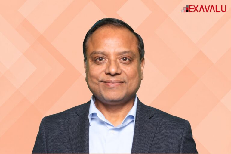 Saurav Basu, CEO of Exavalu image and logo on a peach geometric background