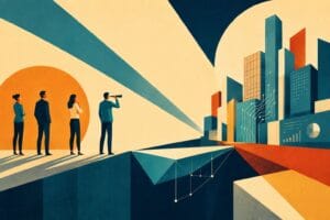 Geometric illustration of corporate leaders looking toward an AI-powered enterprise future across a fragmented digital landscape.