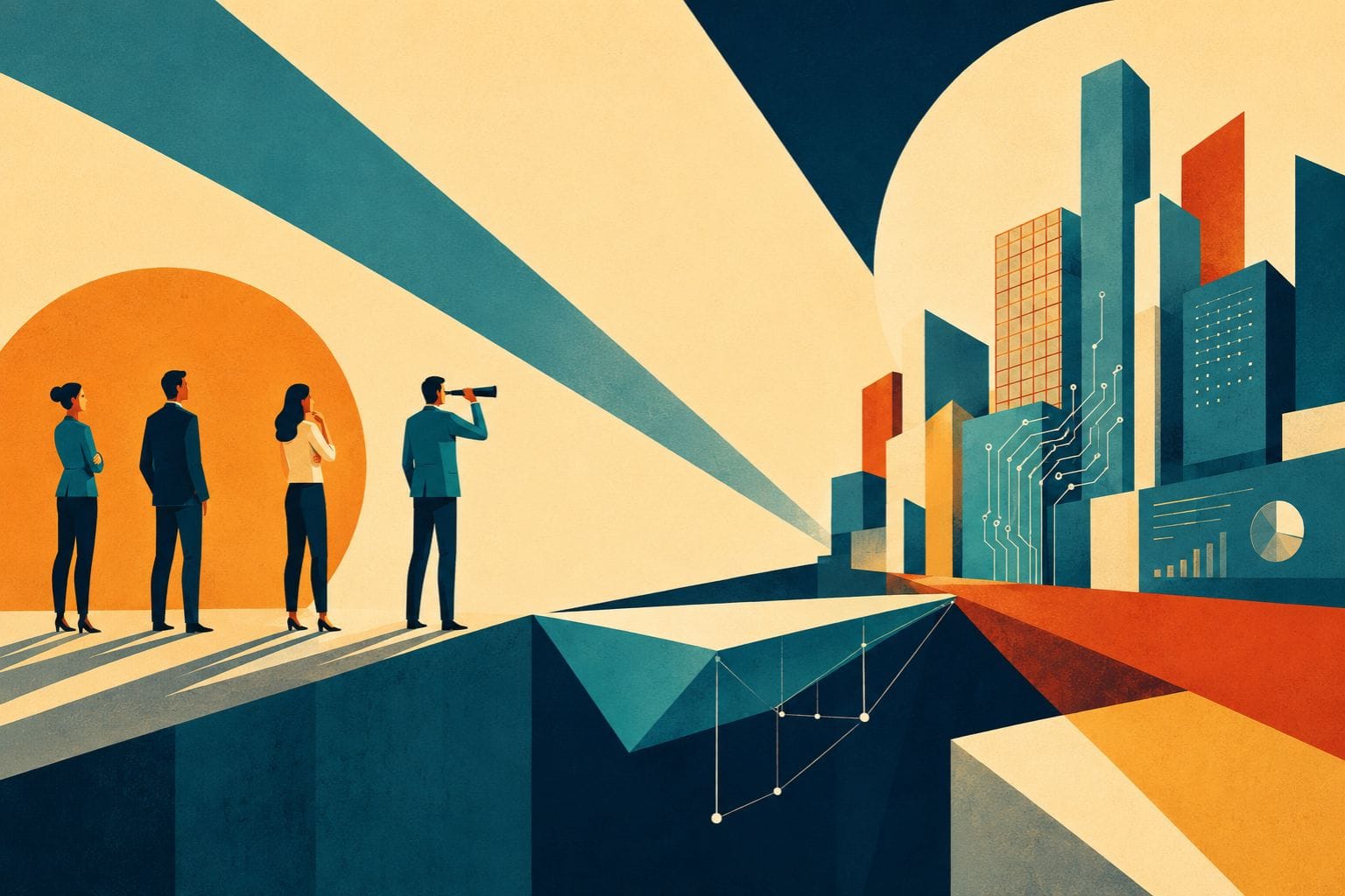 Geometric illustration of corporate leaders looking toward an AI-powered enterprise future across a fragmented digital landscape.