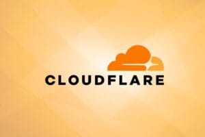 Cloudflare logo on an orange gemetric background.