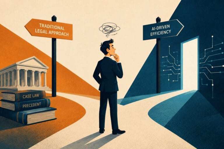 Editorial illustration depicting a lawyer torn between traditional legal expertise and AI-assisted legal workflows, representing the growing debate over automation, judgment, and cognitive reliance on AI in the legal profession.
