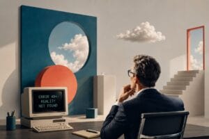 Business executive contemplating AI hallucinations beside a retro computer with a surreal editorial backdrop.
