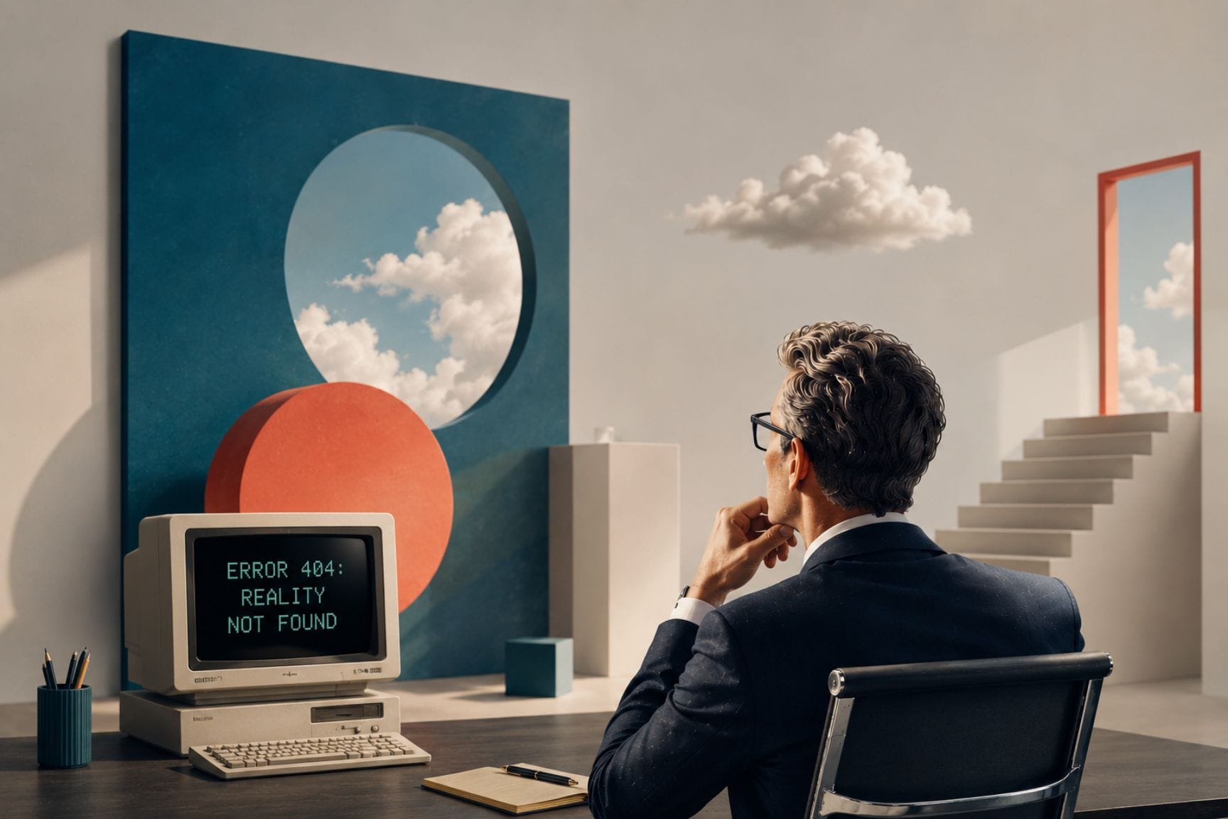 Business executive contemplating AI hallucinations beside a retro computer with a surreal editorial backdrop.