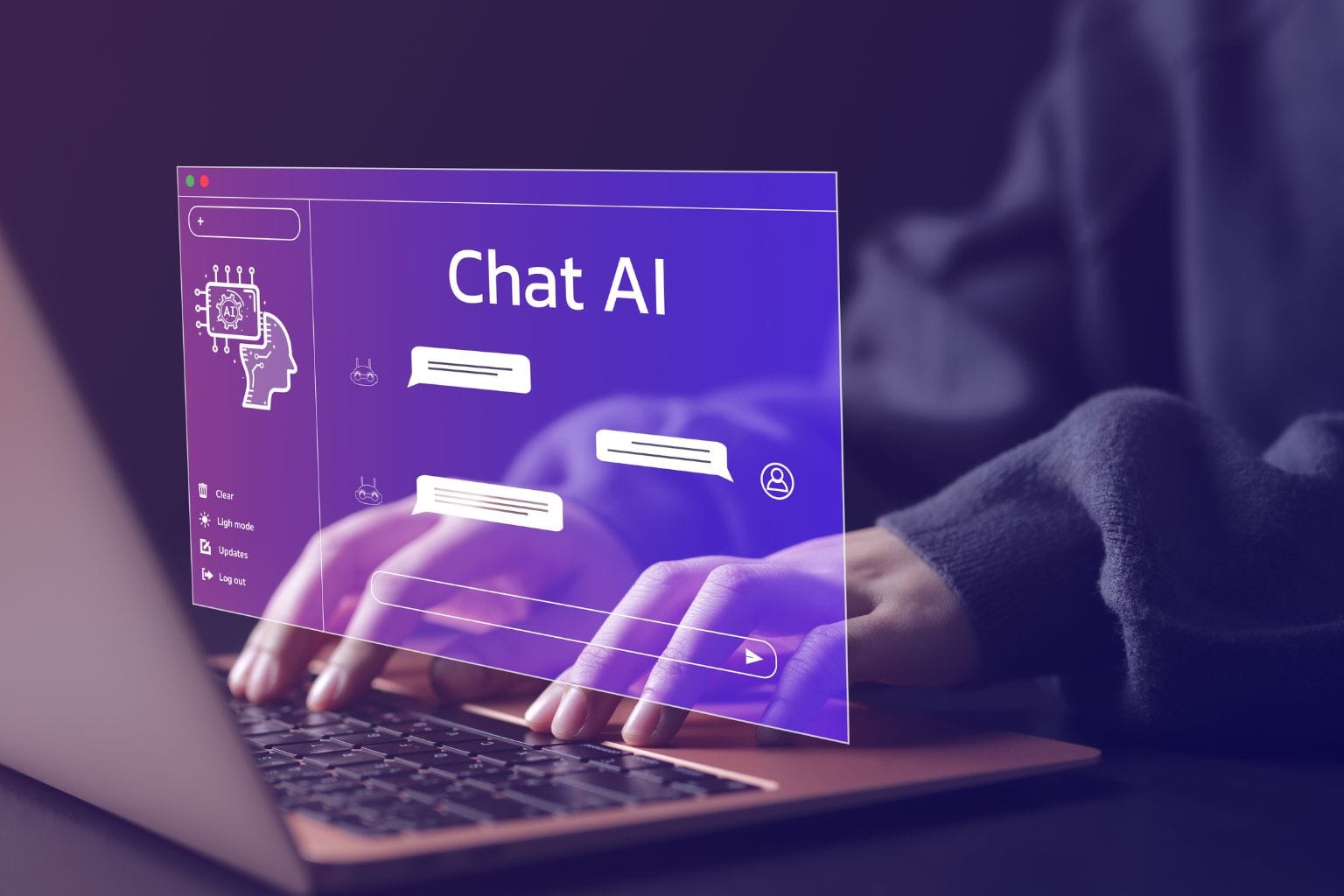 AI chatbot image in purple with human fingers typing