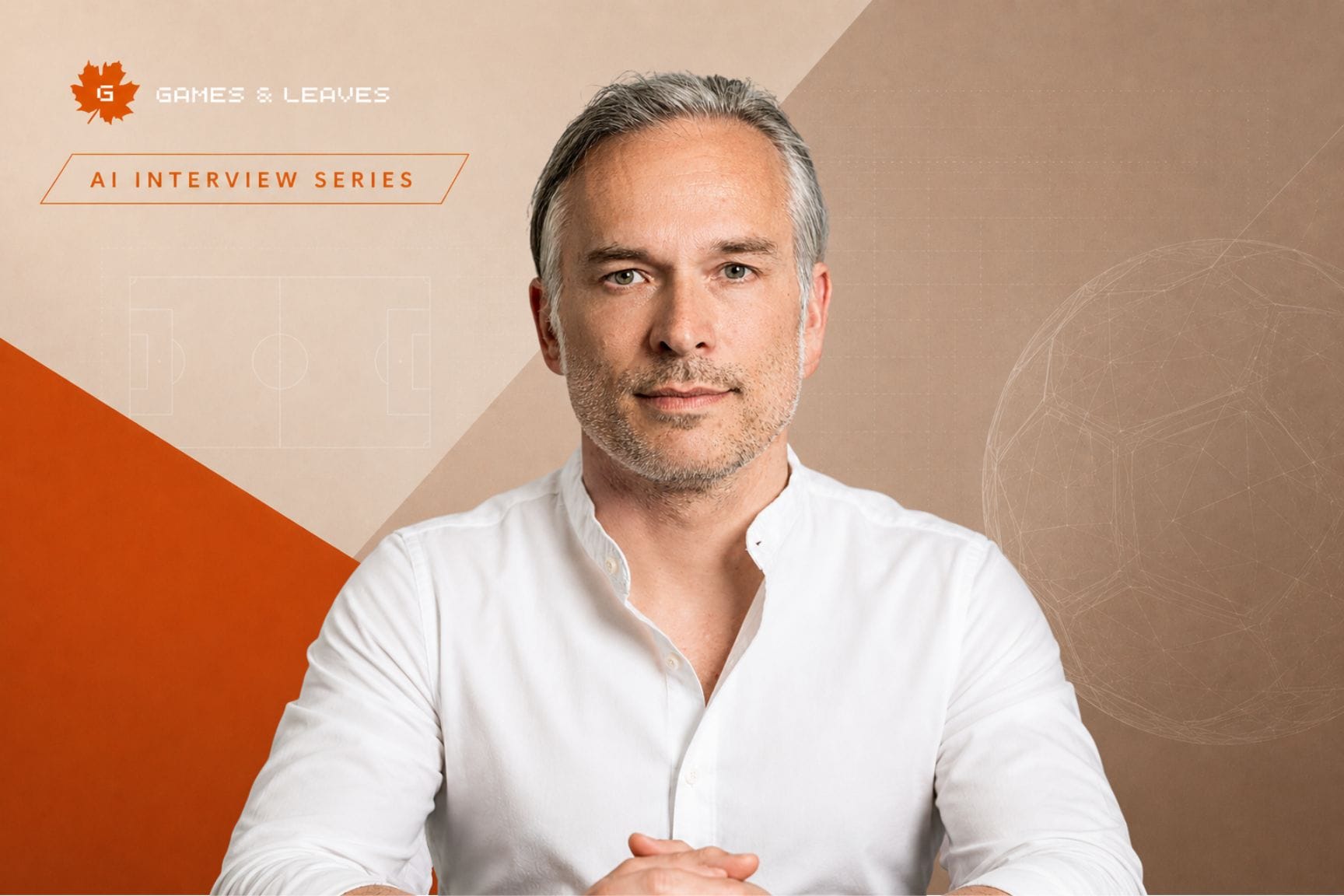 Portrait of Stefan Bielau, Managing Director at Games & Leaves, against a minimalist sports-tech inspired background with subtle football and AI design elements