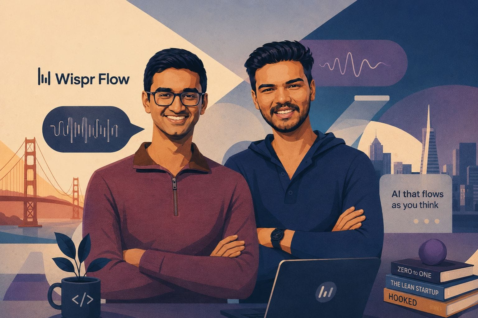 Illustrated editorial-style artwork featuring two Wispr Flow founders
