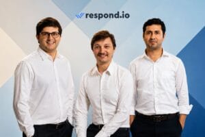 Respond io founders and logo image with geometric background
