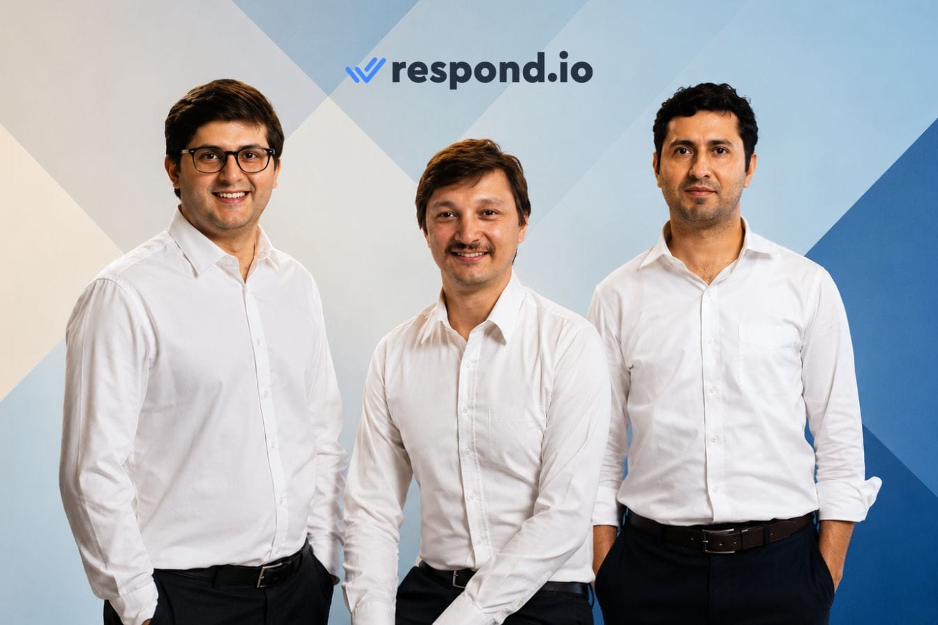 Respond io founders and logo image with geometric background