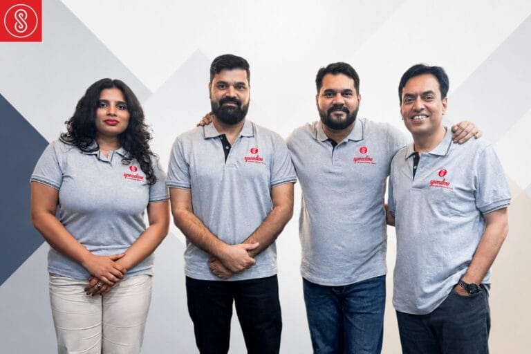 speedioo founders with logo and geometric background