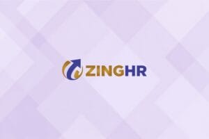 ZingHR logo on a mauve geometric background