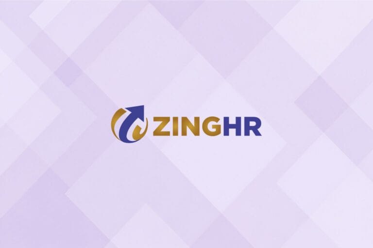 ZingHR logo on a mauve geometric background