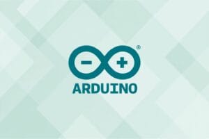 Arduino logo on a geometric light green background