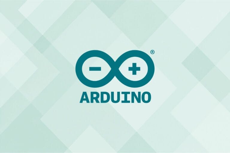 Arduino logo on a geometric light green background