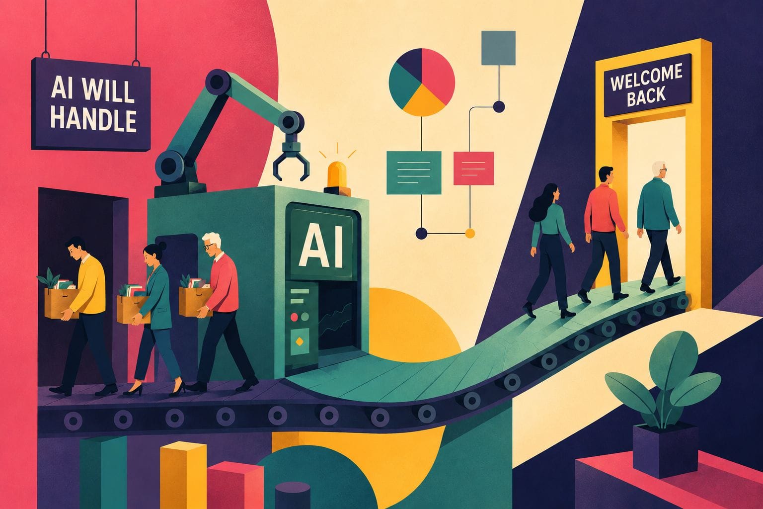 Illustration of an AI-powered factory laying off workers under an "AI Will Handle It" sign while employees return through a "Welcome Back" doorway, symbolizing companies rehiring after overestimating AI.