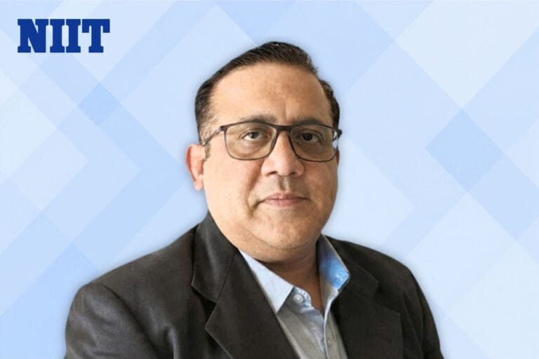 Portrait of NIIT's GenAI Head Sachin Grover on a blue geometric background and NIIT's logo on top left