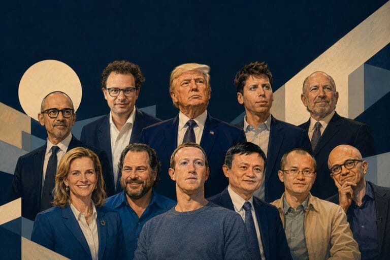 Editorial illustration of top leaders in AI and politics.