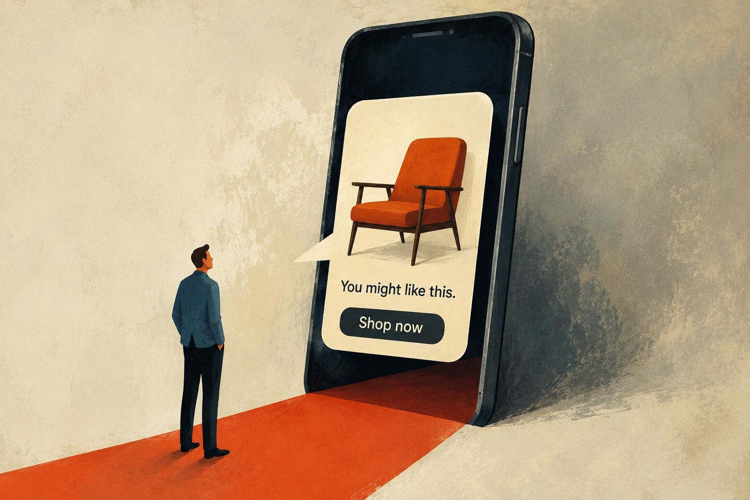 Editorial illustration of a person facing a large smartphone displaying a personalised product recommendation in a chatbot, symbolising advertising inside AI assistants.