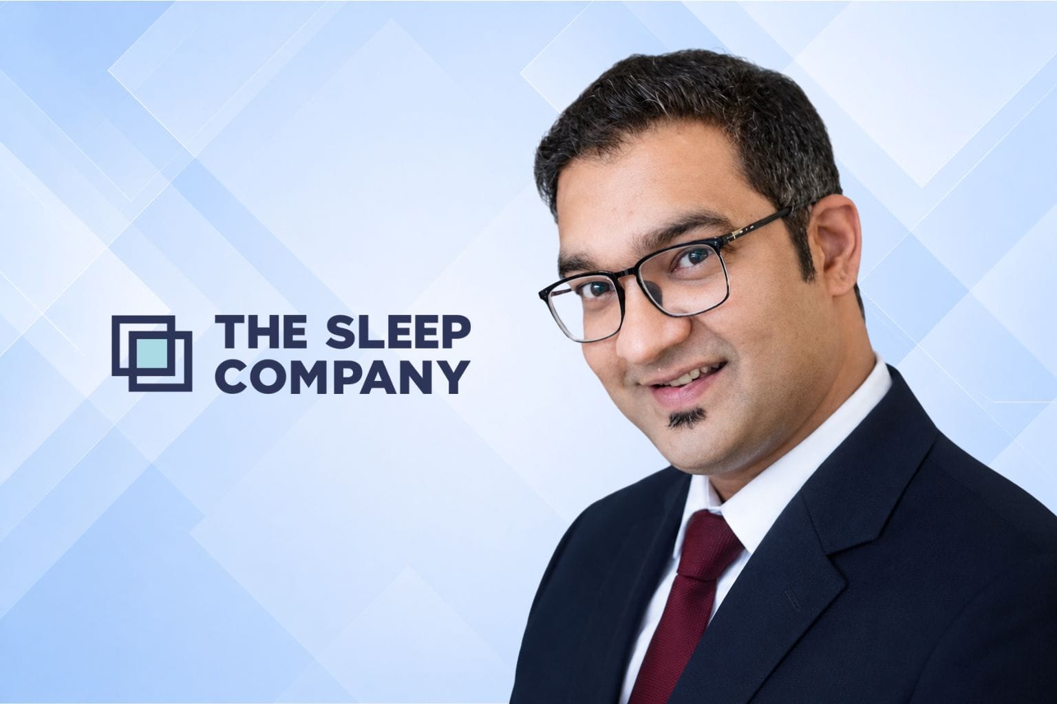 Portrait of Pranshu Rastogi, chief experience officer, the sleep company, on a light blue geometric background and company logo