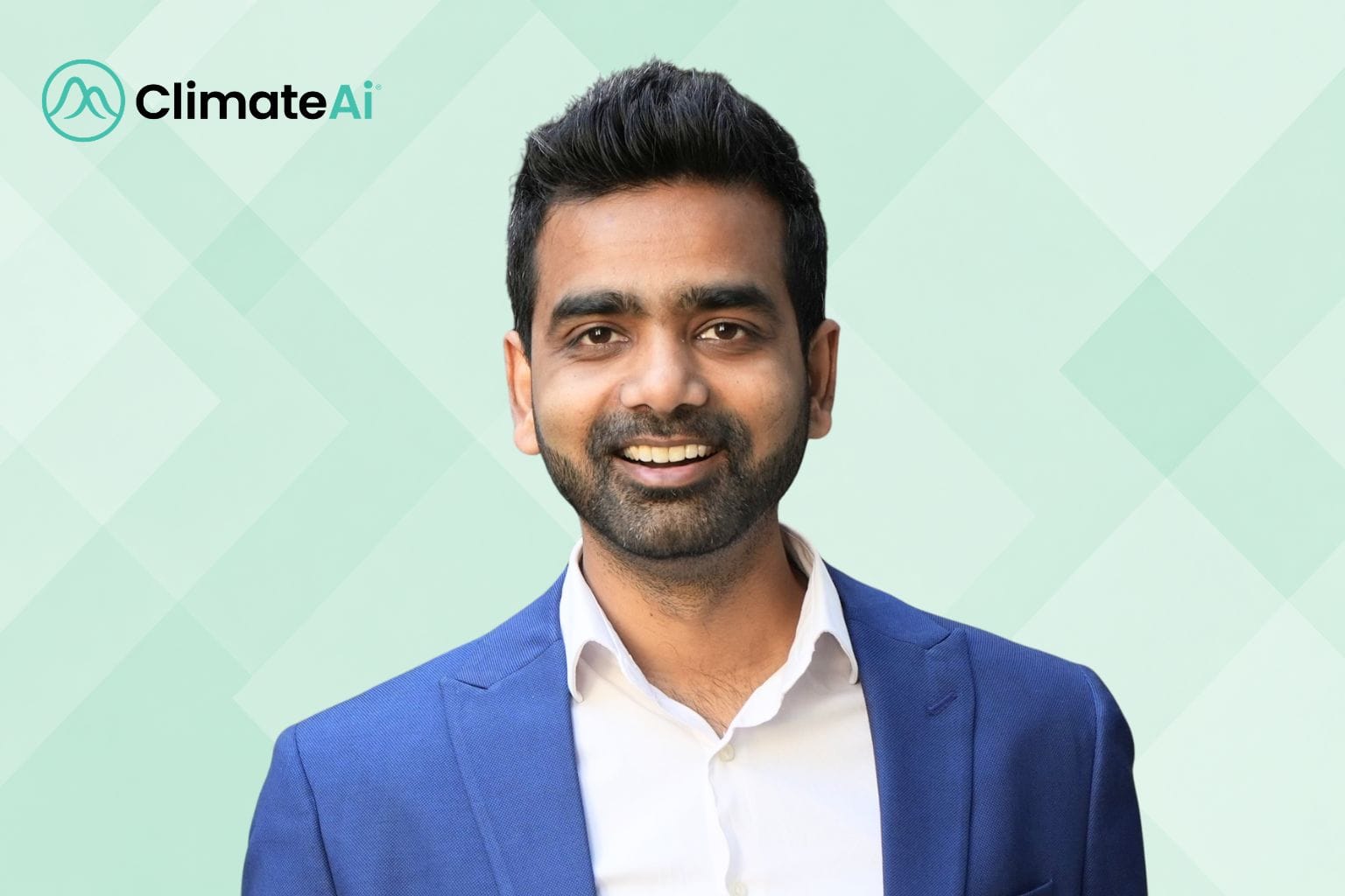 landscape image of Himanshu Gupta, founder, climateAI on a green geometric background
