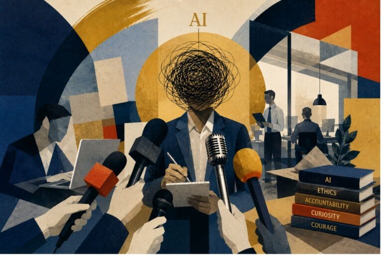Abstract editorial collage illustrating the future of AI in journalism, featuring faceless geometric journalists surrounding a central reporter with a scribbled head taking notes as oversized microphones converge from the foreground. Set against a modern newsroom with layered paper textures and bold geometric shapes in navy, ochre, cream, and muted orange, the scene includes a stack of books labeled AI, Ethics, Accountability, Curiosity, and Courage, symbolizing the balance between artificial intelligence and the enduring values of responsible journalism.