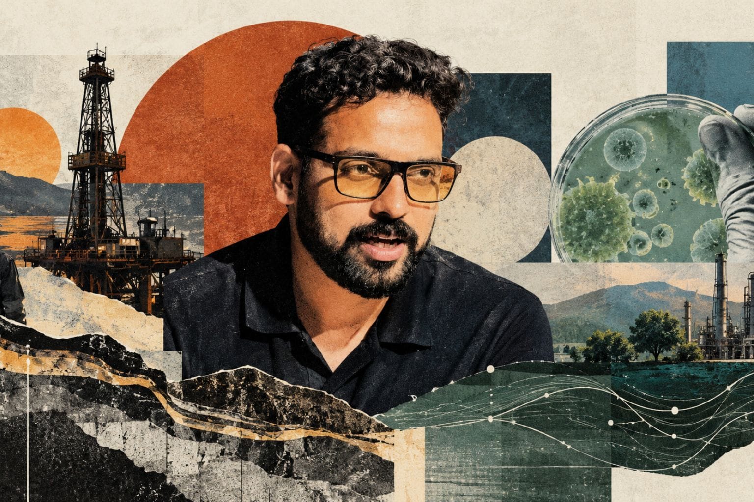 Editorial illustration of Anandh Mathew surrounded by imagery of industrial AI, oil and gas, mining, microbial biotechnology, factories, geological landscapes, and data networks.