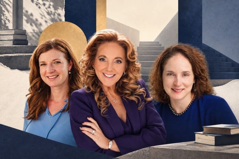 Editorial collage featuring three professional women in a sophisticated navy, cream and gold architectural setting, symbolizing education, career development and the changing path into the workforce.